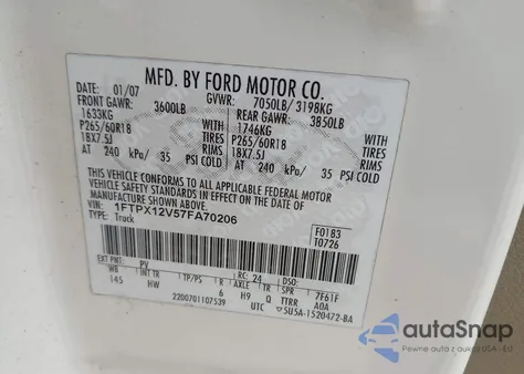 2007 Ford F-150 Lariat/Stx/Xl/Xlt z USA, uszkodzony, nr VIN 1FTPX12V57FA70206